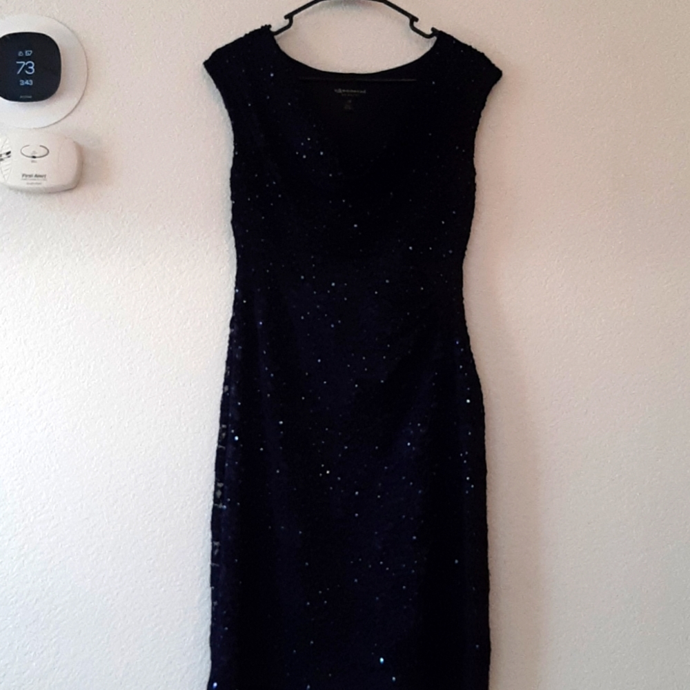Scoop Neck Navy blue fitted cocktail Dress with sequins and beads